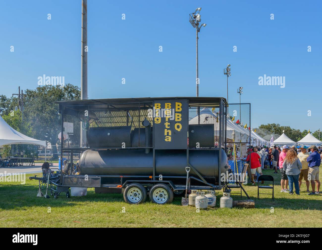 NEW ORLEANS, LA, USA - OCTOBER 9, 2022: Large metal smoker on a trailer for Big Bertha BBQ at Gentillyfest in the Pontchartrain Park neighborhood Stock Photo
