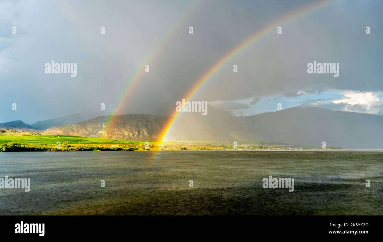 Double Rainbow over Osoyoos Lake, British Columbia, Canada Stock Photo