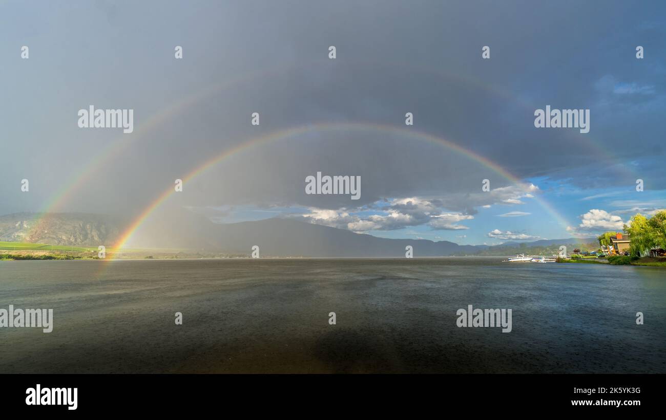 Double Rainbow over Osoyoos Lake, British Columbia, Canada Stock Photo