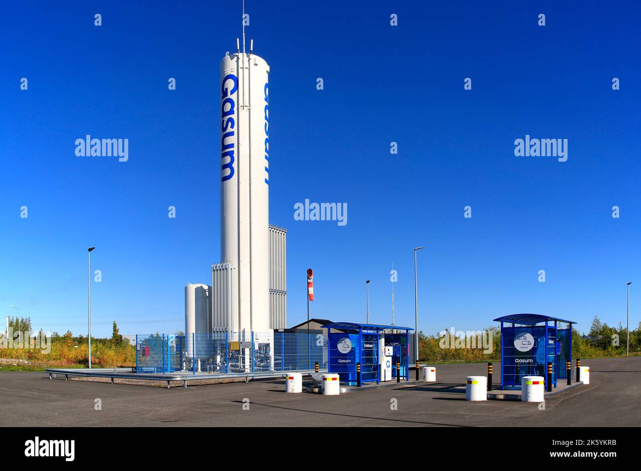 Gasum liquefied natural gas, LNG, and liquefied biogas, LBG, gas filling station for heavy transport in Lieto, Finland. Sept 22, 2022. Stock Photo