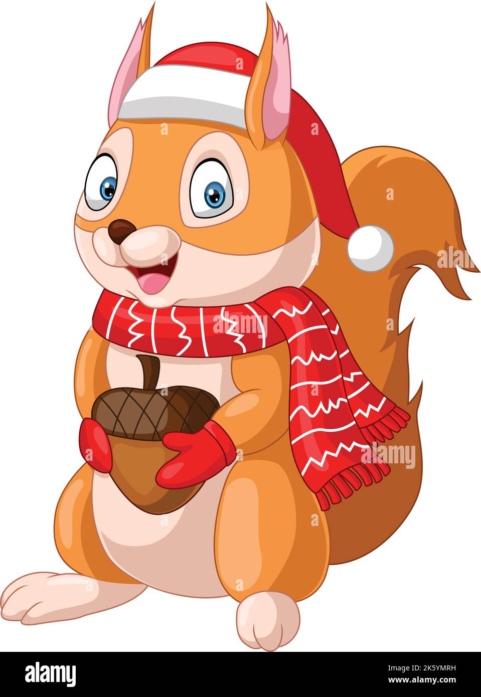 Cute squirrel cartoon wearing scarf and hat holding a nut Stock Vector