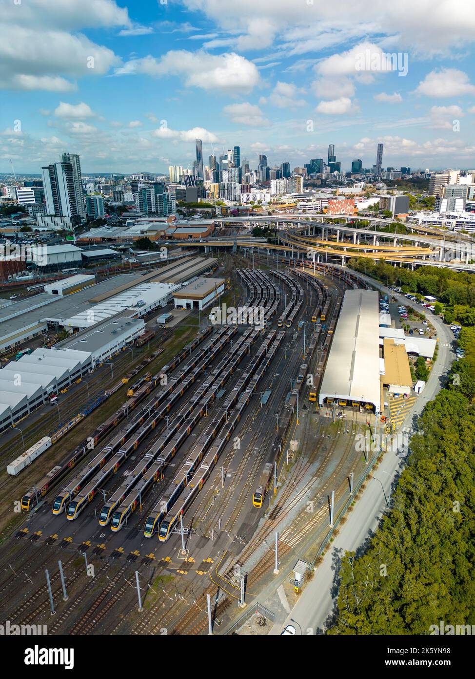 Aerial vertical view of train depot in Brisbane, Australia Stock Photo