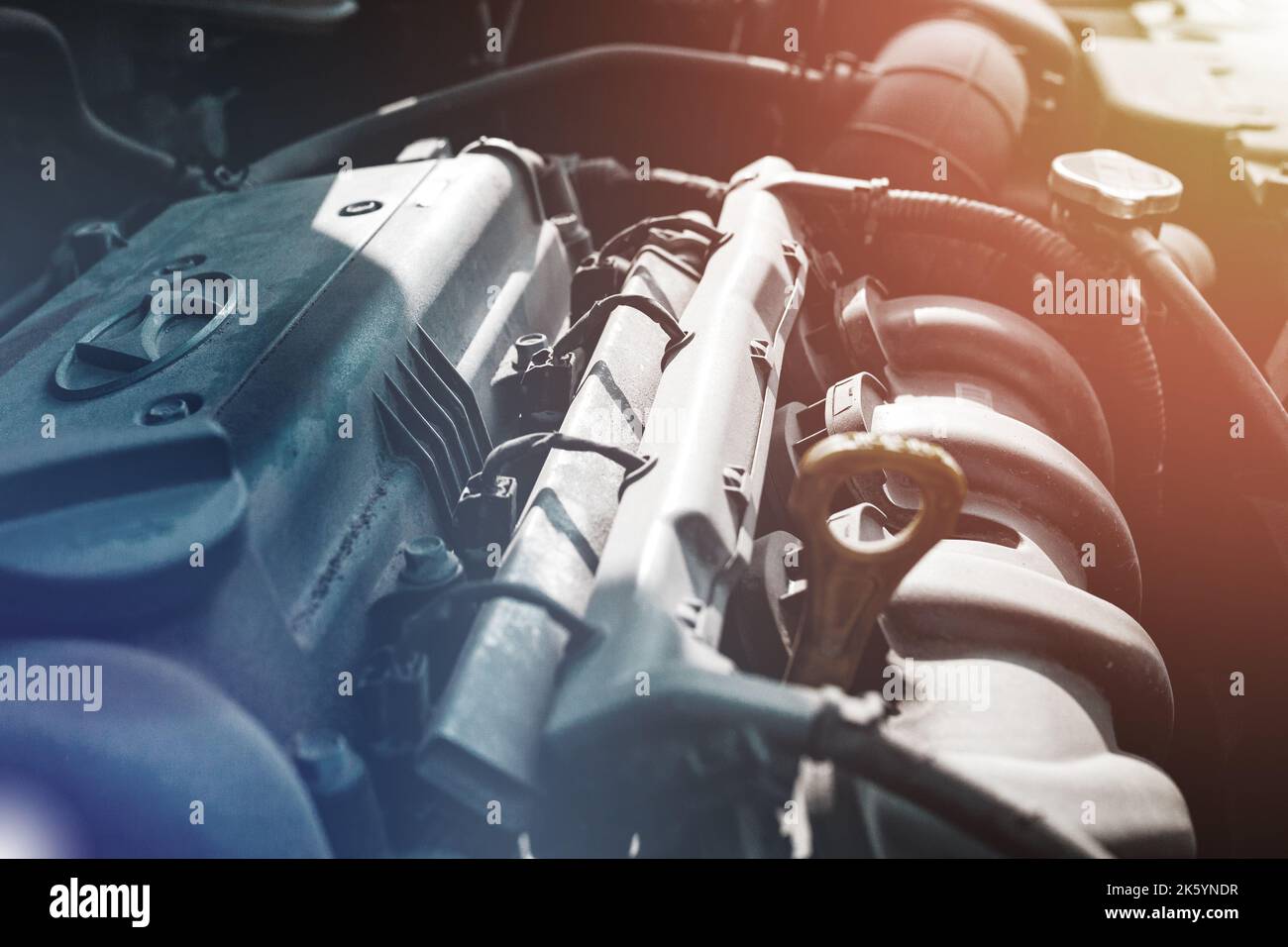 Engine compartment of the korean car. view of the used engine dohc 1.6 Stock Photo