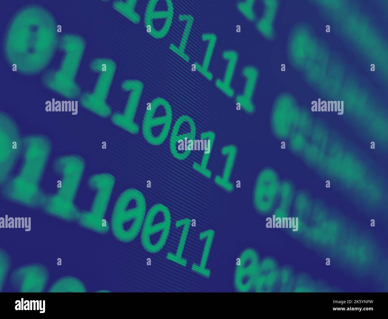 Binary computer code with grid of green 1s and 0s displayed on a blue screen with a focus blur effect Stock Photo