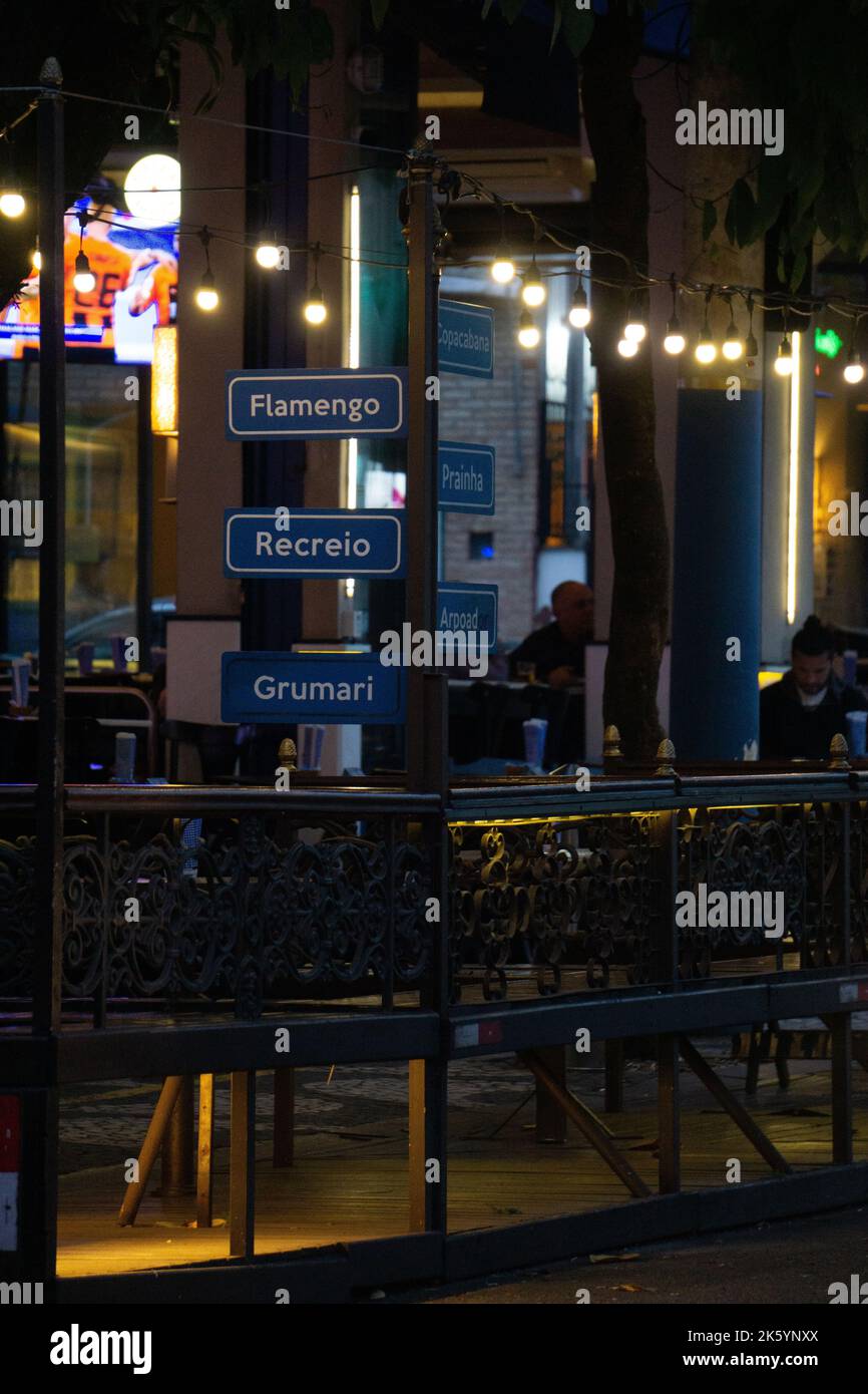 A Brazilian street pole signs with location names in Rio de Janeiro ...