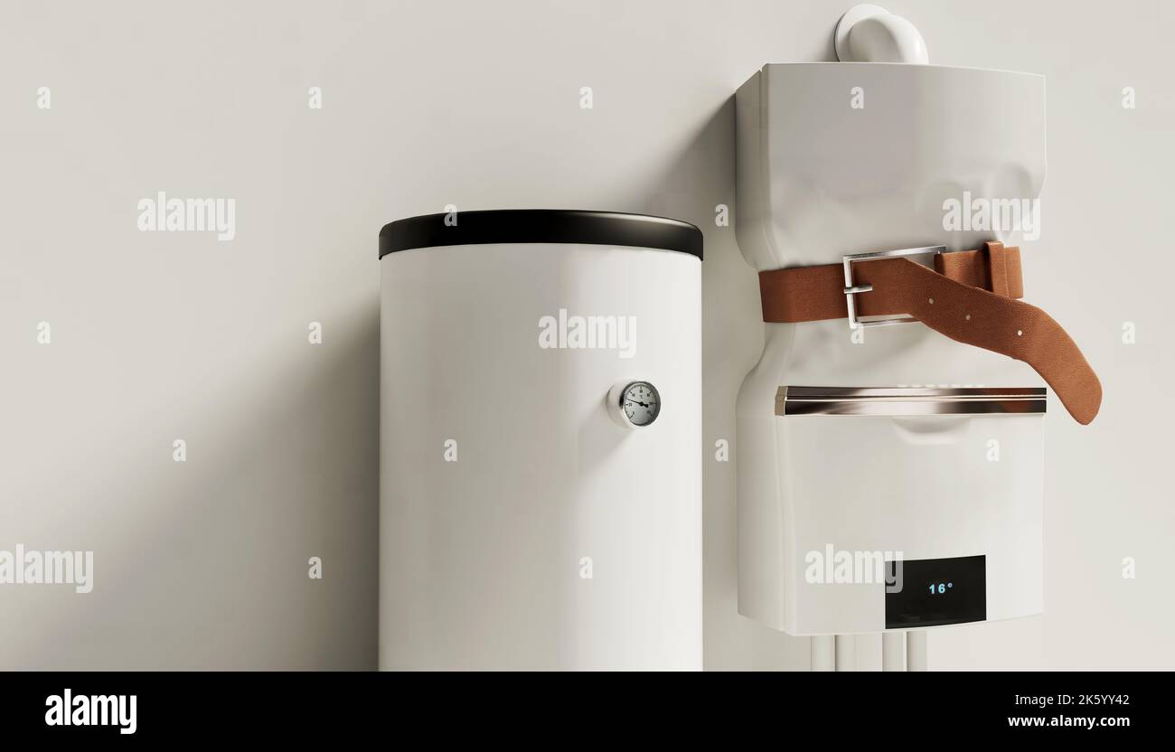 Eine Gastherme und ein Warmwasserspeicher zum Thema Energiekrise mit einem Gürtel als Ausdruck von Energie sparen als 3D-Darstellung Stock Photo