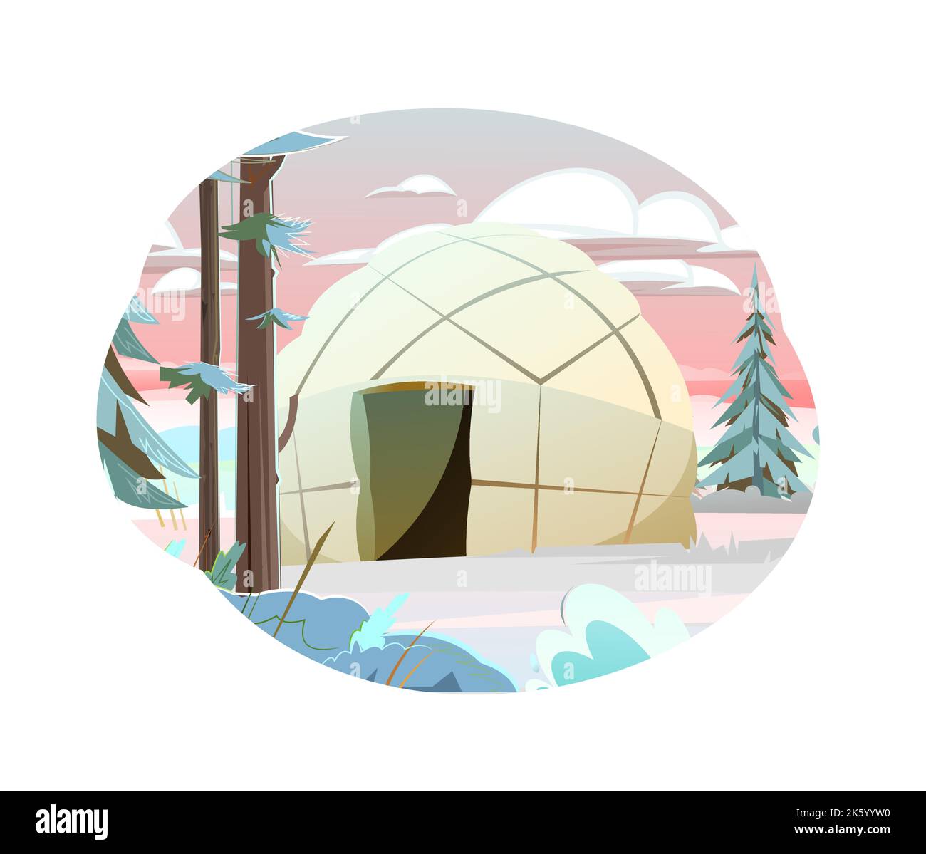 Yurt in tundra. Dwelling of northern nomadic peoples in Arctic. From felt and skins. Isolated on white background. Illustration vector. Stock Vector