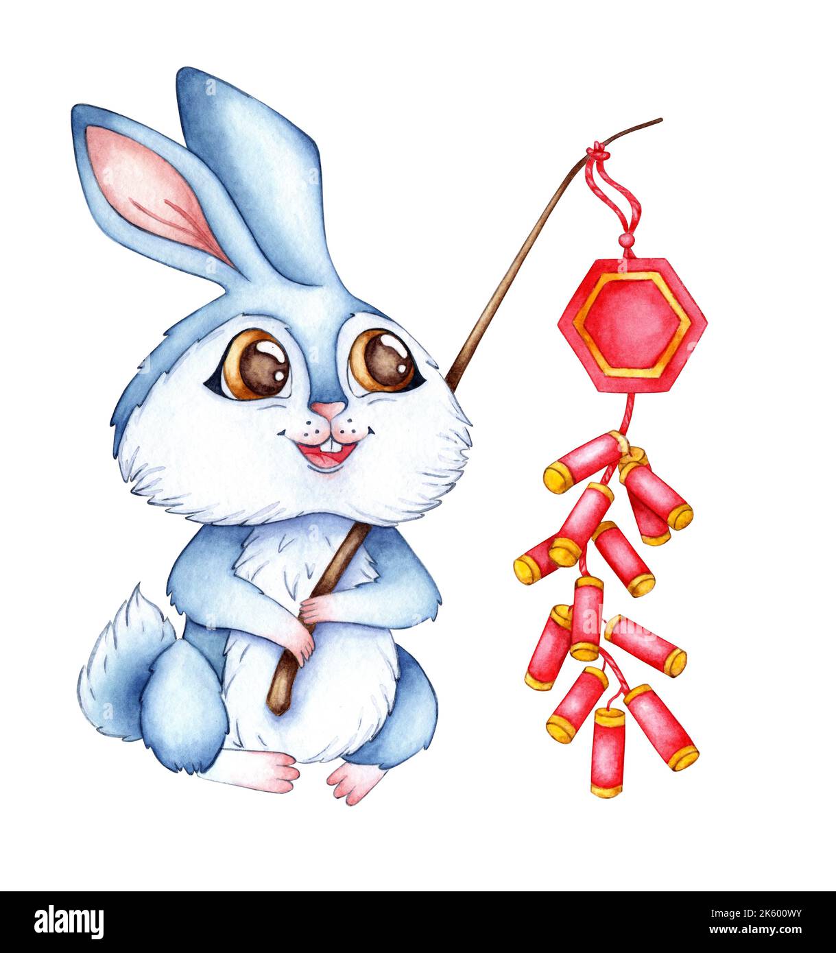 Cracker Crusted Rabbit Watercolor illustration of a blue rabbit with a stick containing ...
