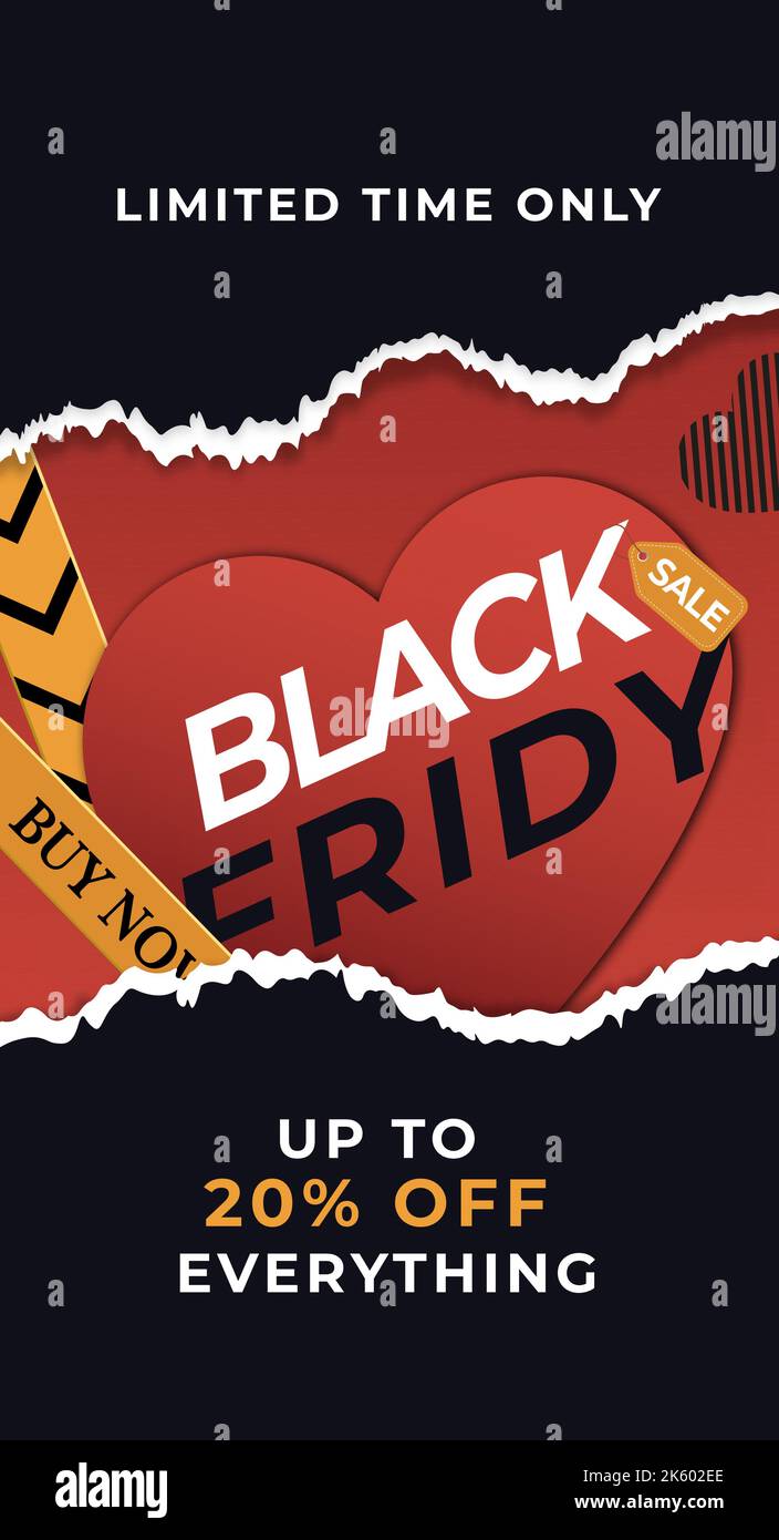 Gradient black friday vertical banner template with torn edges and heart Stock Vector