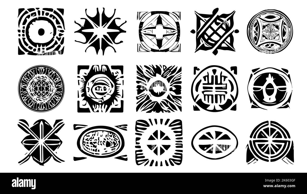 Set of esoteric design elements in grunge style. Mystical symbols with irregular shapes and rough edges. Black silhouette cliparts. Stock Vector