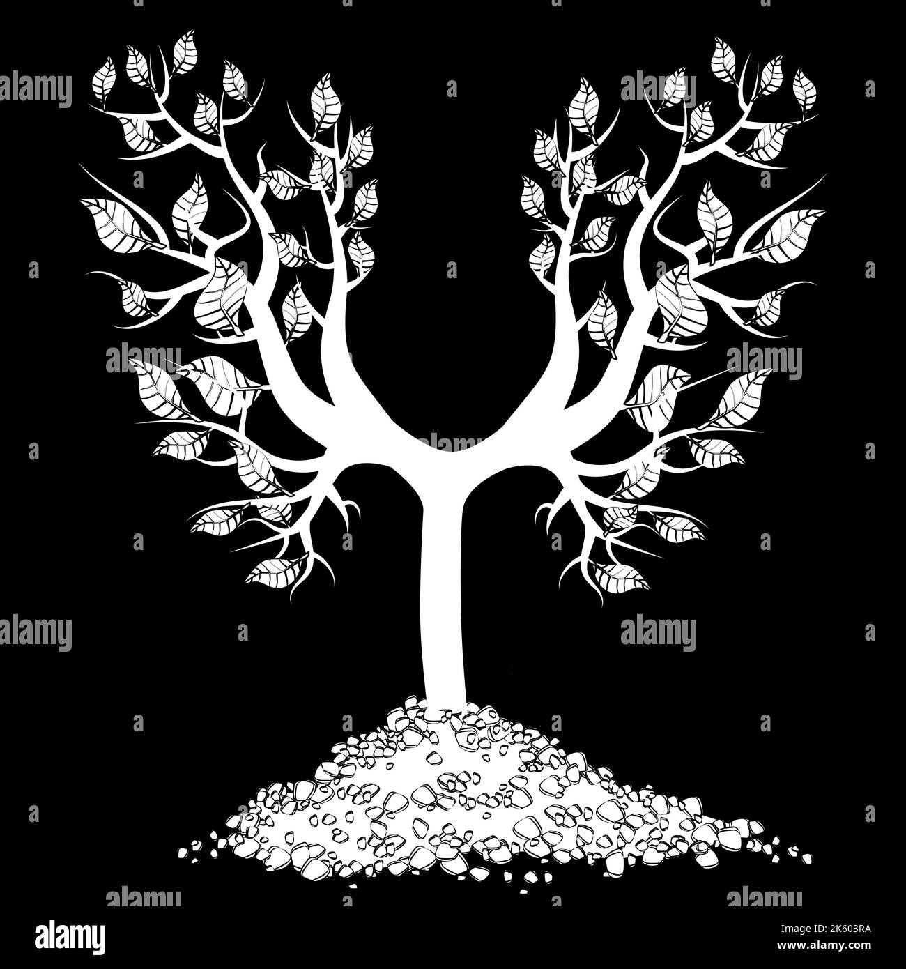 White silhouette of young tree with roots in pile of soil isolated on ...