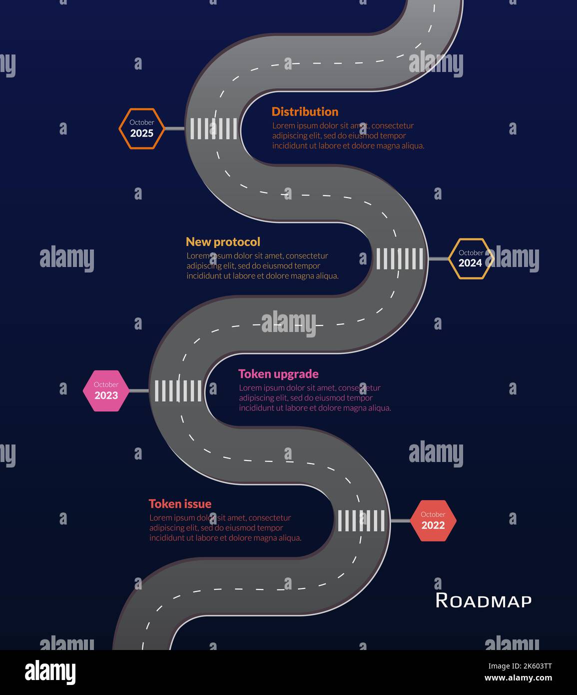 Roadmap with winding road and stop signs on stages on dark blue