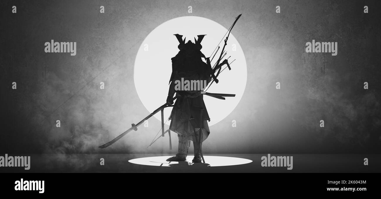 Japanese Samurai Warrior Silhouette with War Sword Weapon in Front of a Round Window Cyber Punk Black and White 3d illustration render Stock Photo