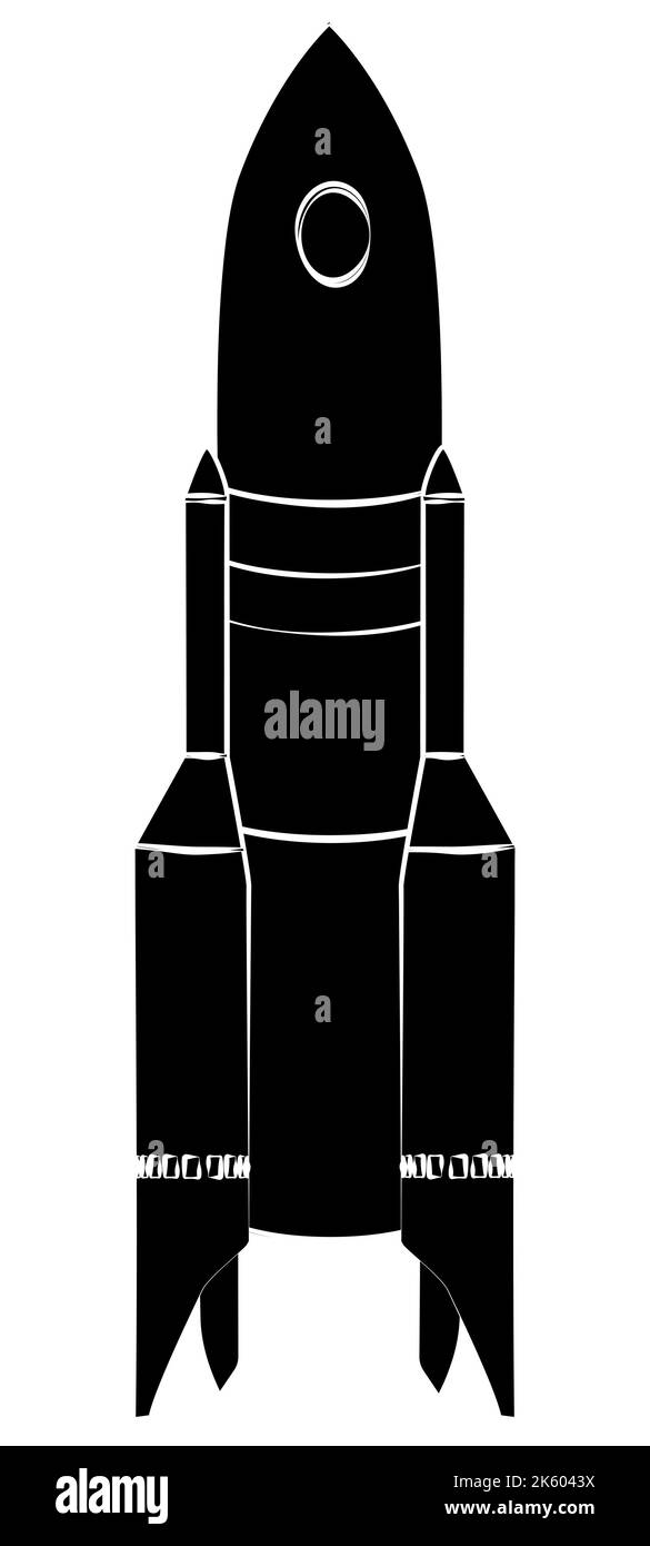 Black silhouette space rocket with flame from nozzles isolated on white ...