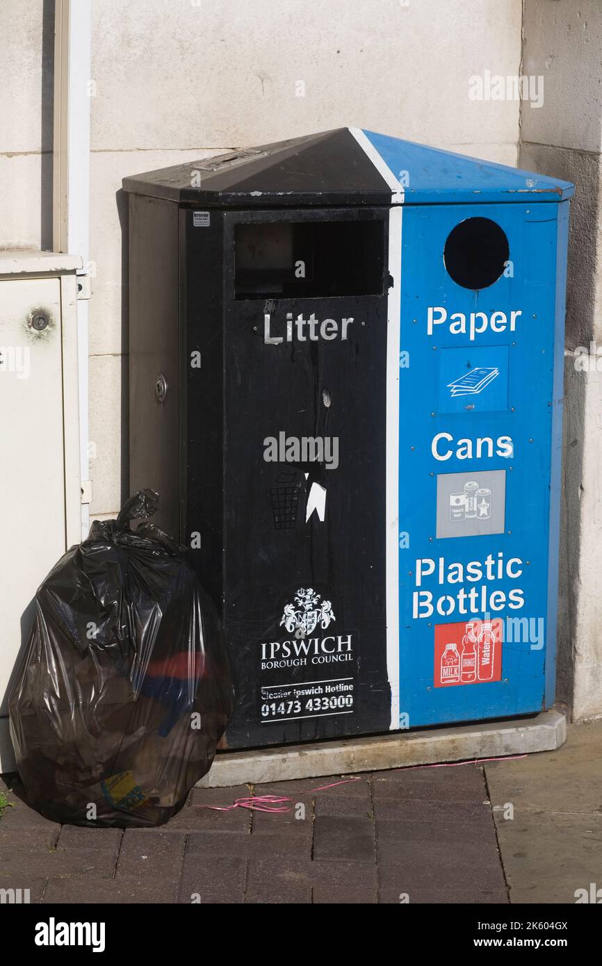 Waste and recycling bins in the town centre of Ipswich Suffolk England