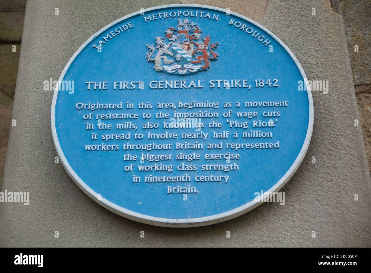 Plaque of The First General Strike 1842 on the old Stalybridge Town Hall Stock Photo