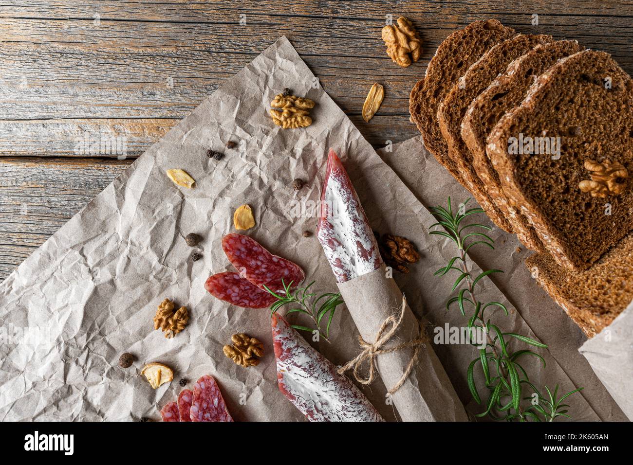 Appetizing sausage in a beautiful still life. Stock Photo