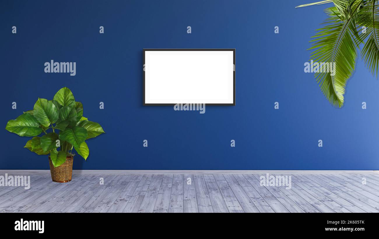 A horizontal frame mockup on a blue wall with green leaf plants 3d