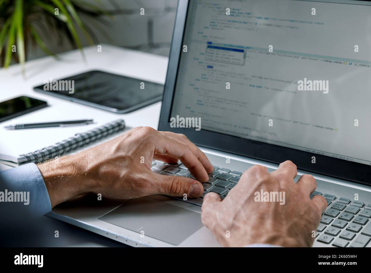 programmer writing code on laptop computer in office. website programming, software development Stock Photo