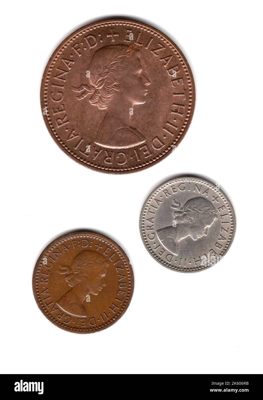 A mixture of vintage Great Britain coins featuring Queen Elizabeth II. Stock Photo