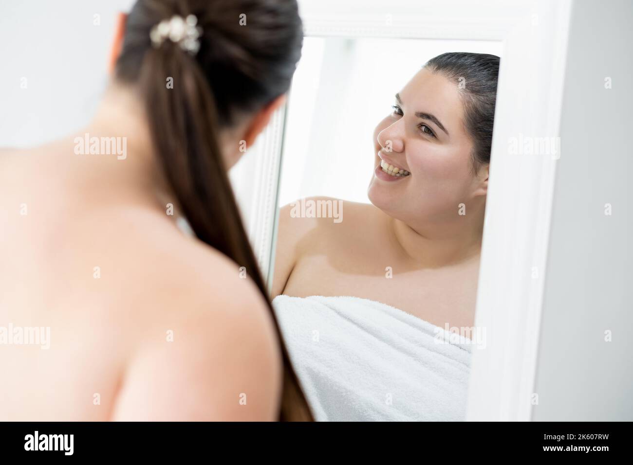 enjoying new day plus size woman morning routine Stock Photo