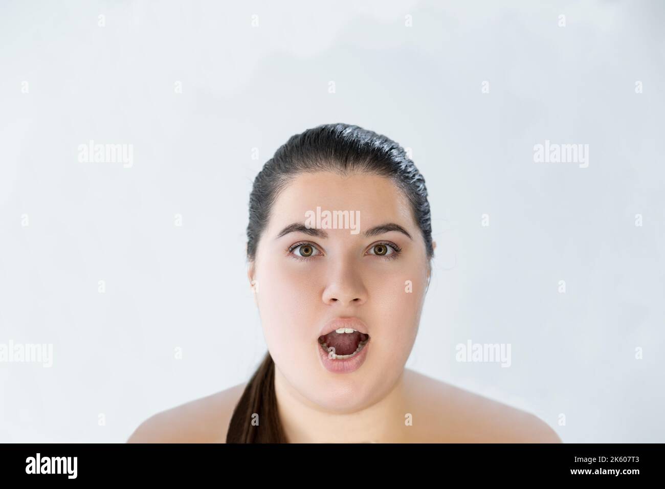 body perfection amazed curvy woman great news Stock Photo