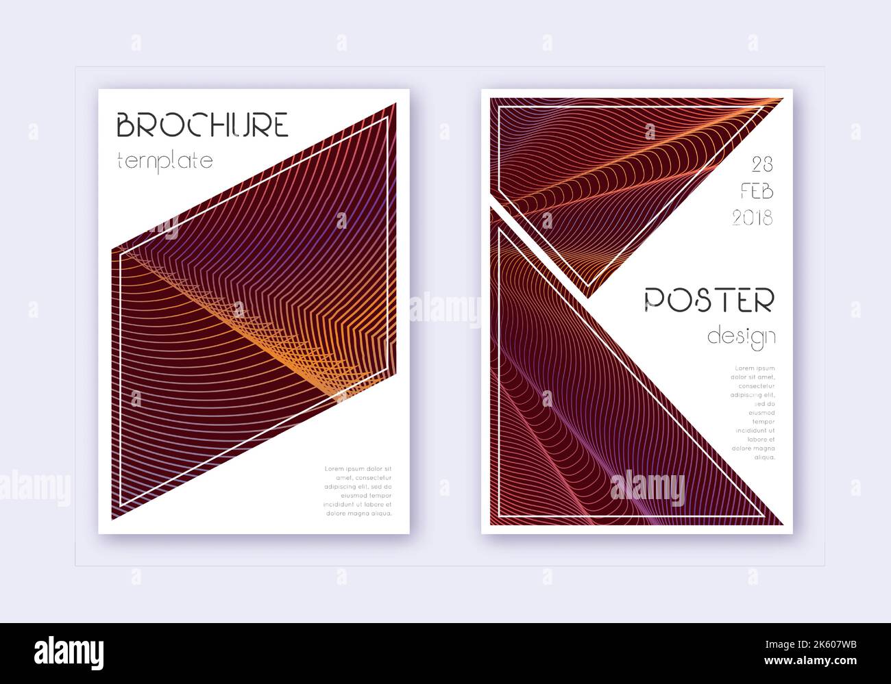 Triangle cover design template set. Orange abstract lines on wine red background. Ideal cover design. Uncommon catalog, poster, book template etc. Stock Vector