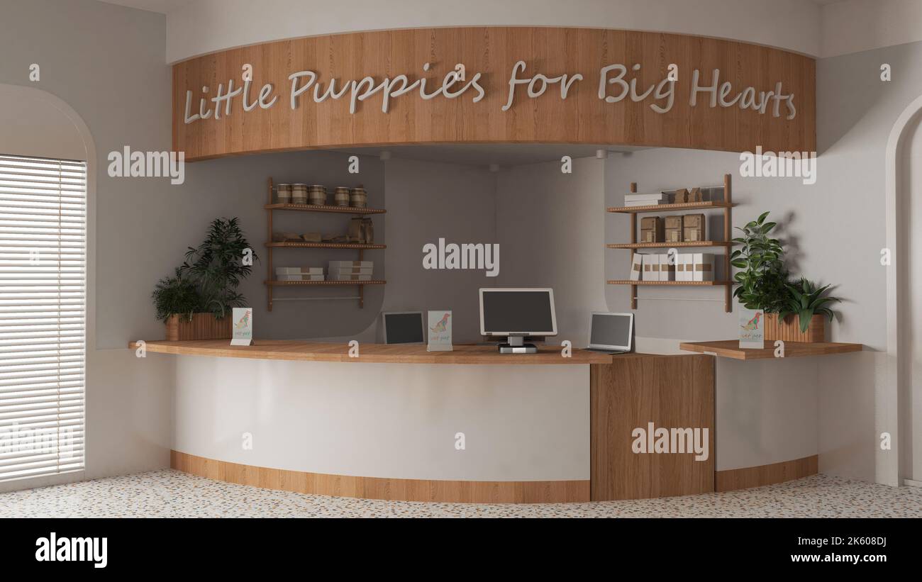 Veterinary clinic reception desk in white and wooden tones. Shelves