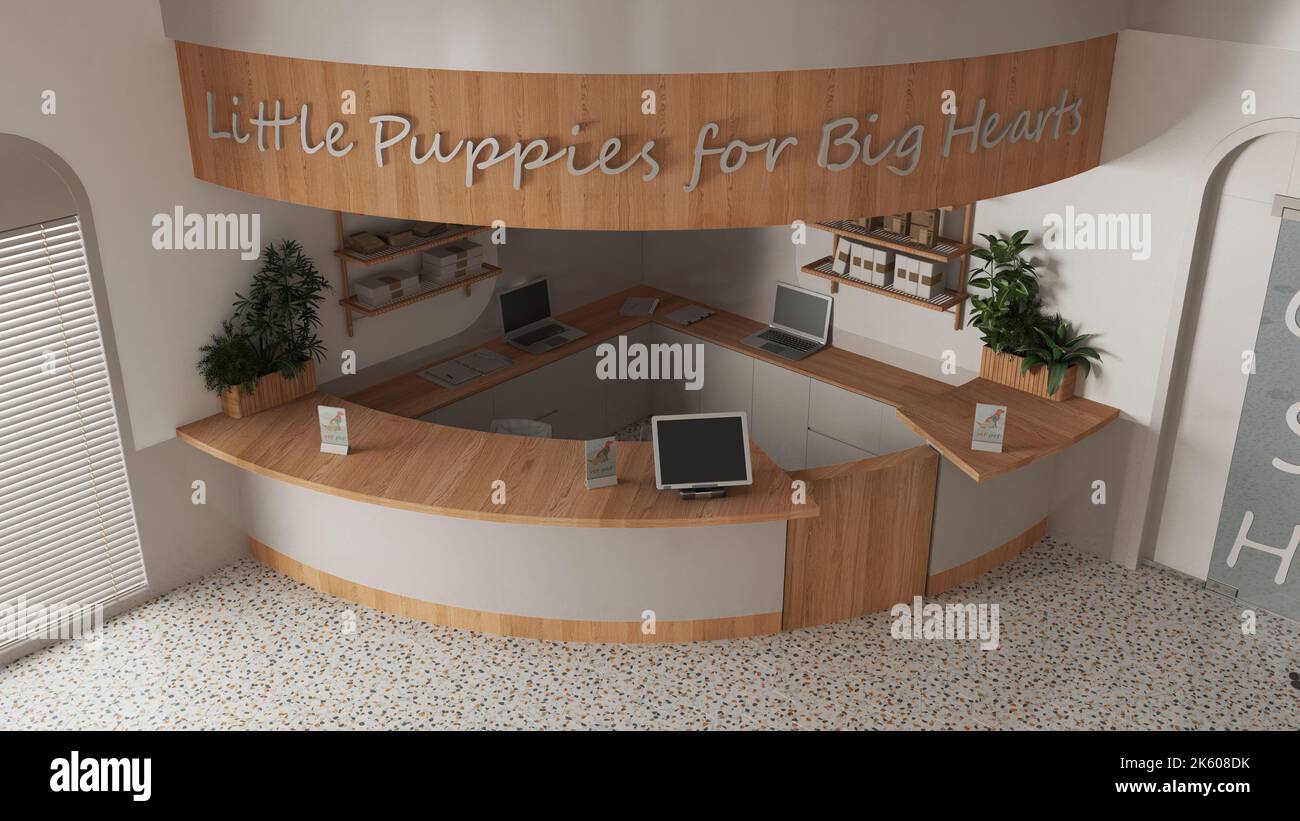Veterinary clinic reception desk in white and wooden tones. Shelves