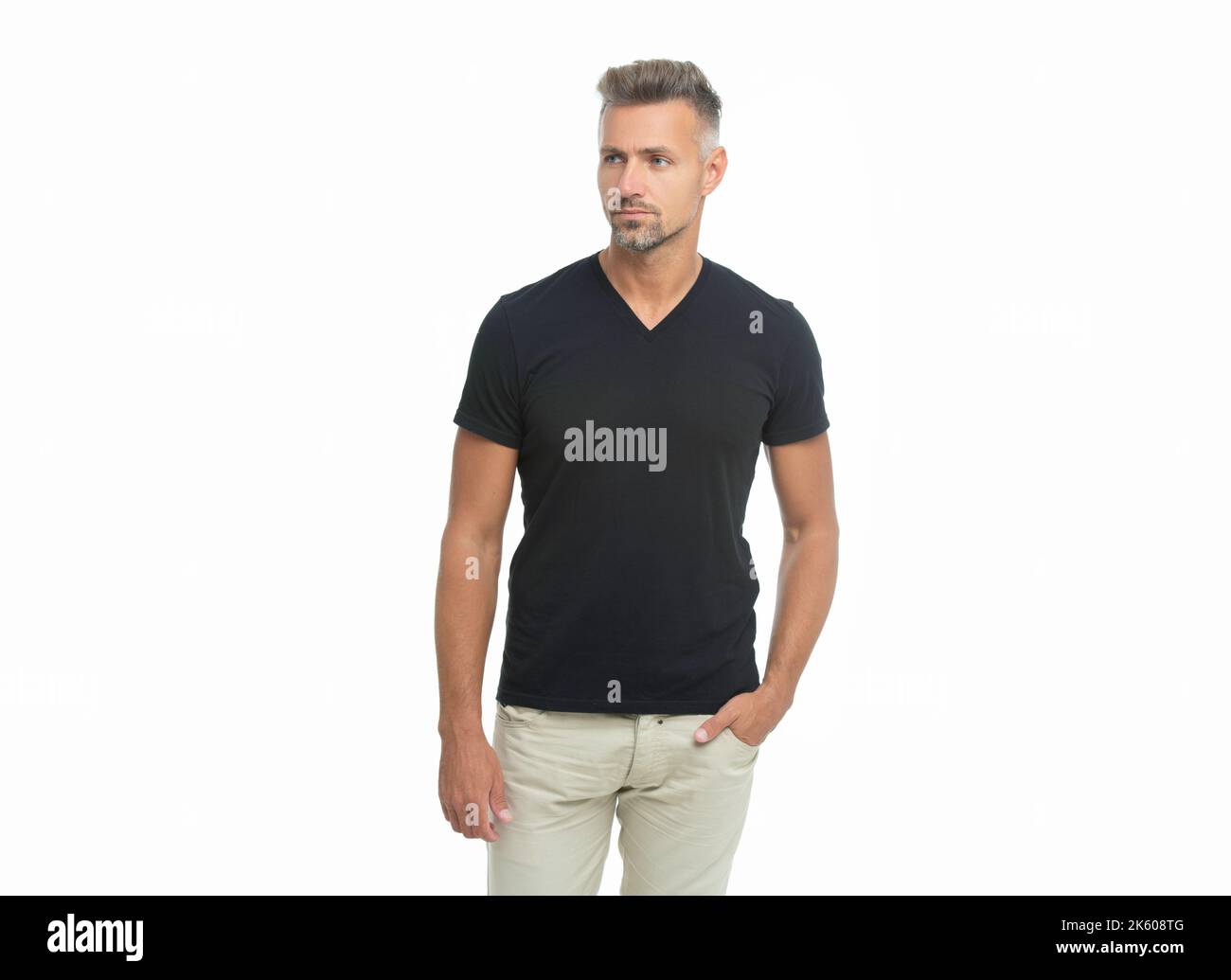 caucasian grizzled guy in casual tshirt. grizzled guy style. studio shot of grizzled guy. Stock Photo