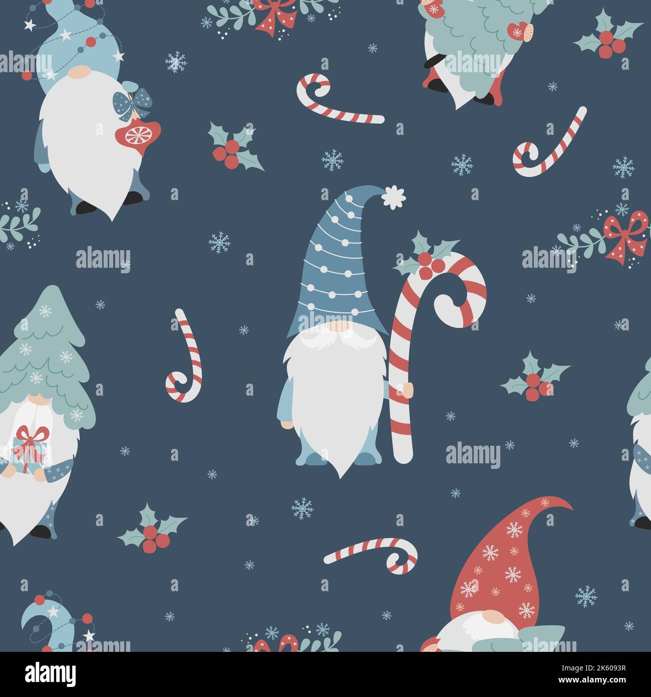 Christmas Seamless pattern with cute cartoon gnomes with caramel stick ...