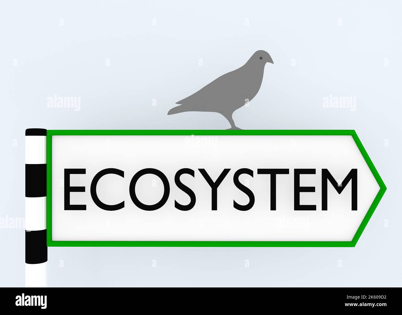 3D illustration of a bird standing on a road sign which carries the word Ecosystem Stock Photo