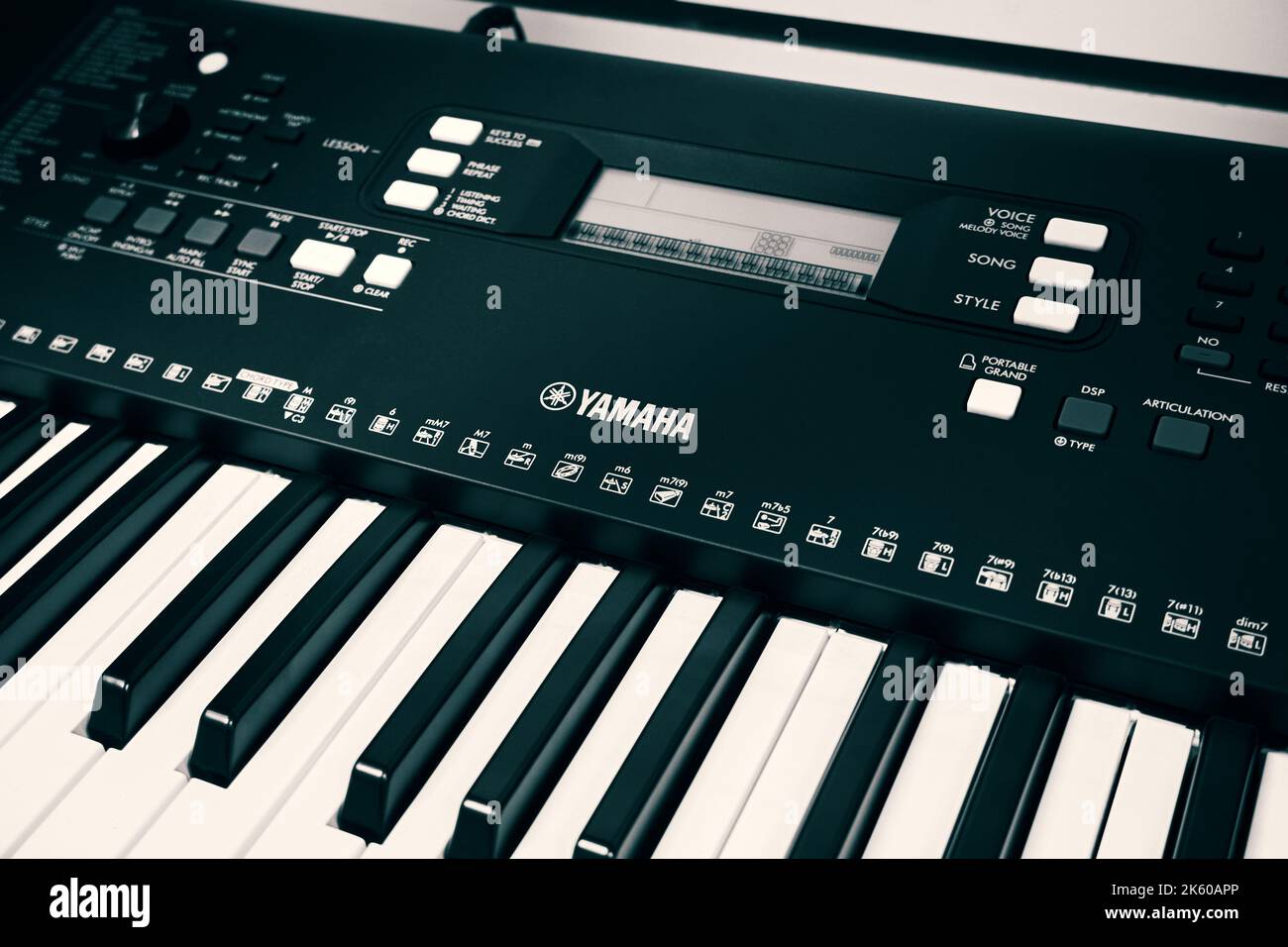 Modern digital synthesizer Yamaha.  Yamaha Corporation is the world's largest musical instrument manufacturer Stock Photo