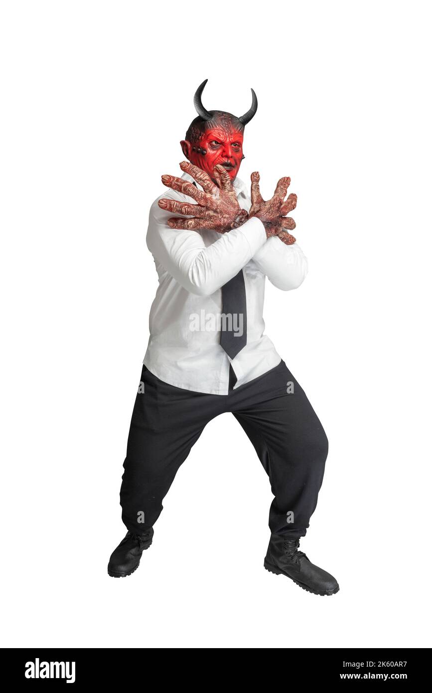 Devilman standing isolated over white background. Halloween concept Stock Photo