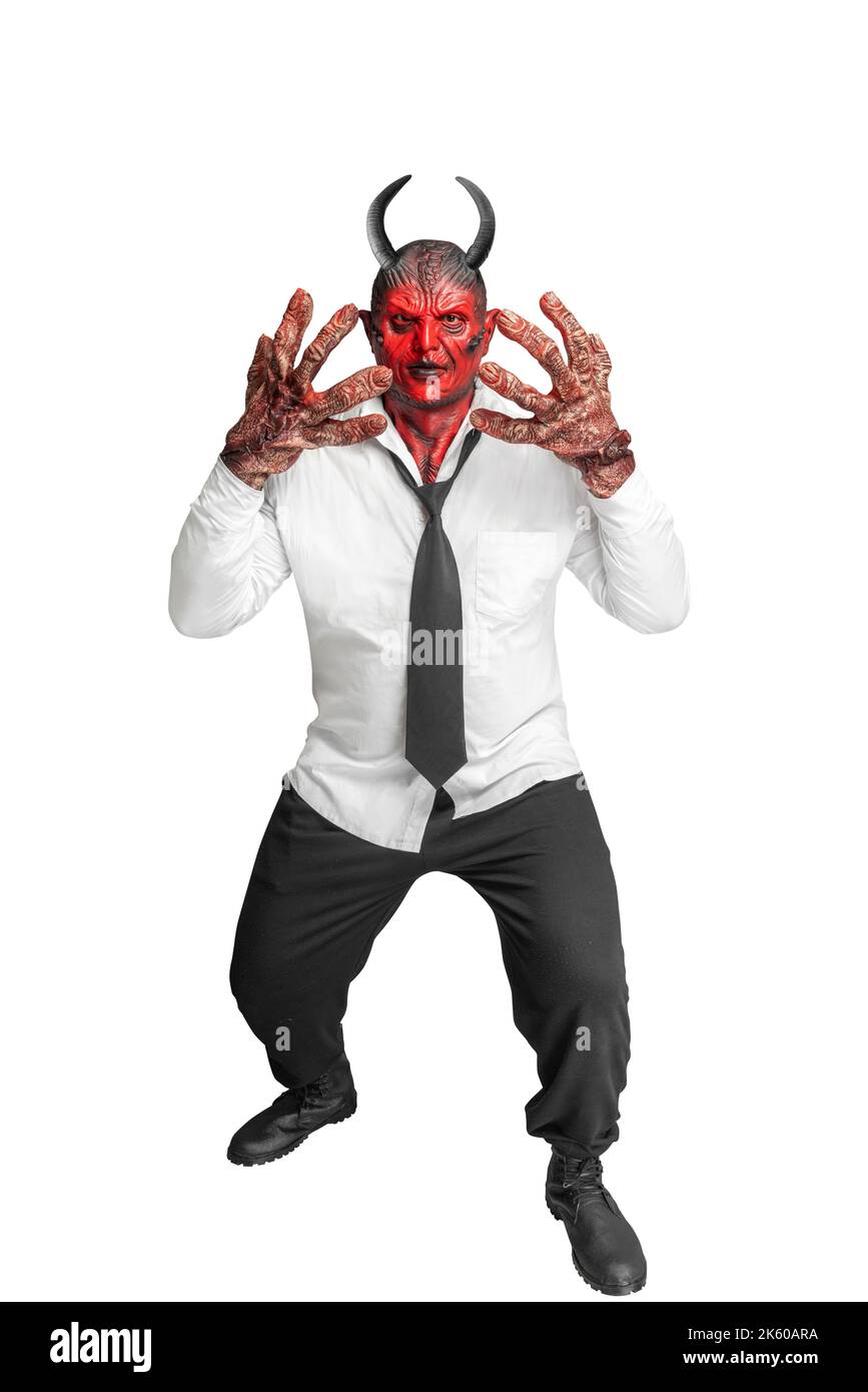Devilman standing isolated over white background. Halloween concept Stock Photo