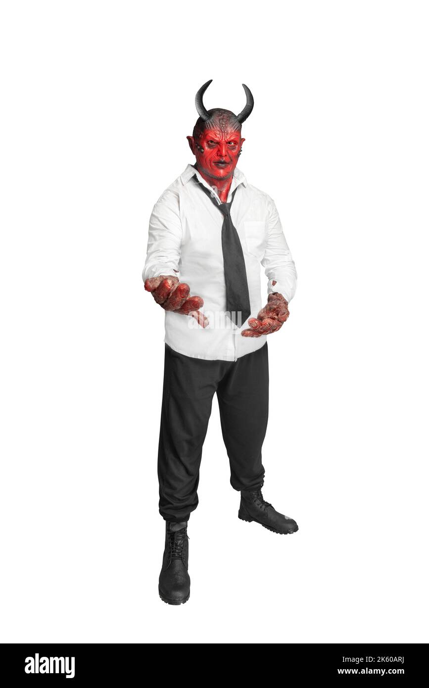 Devilman standing isolated over white background. Halloween concept Stock Photo