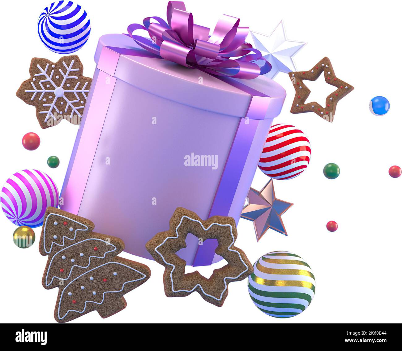 3d Rendering Christmas or new year elements background with decorative balls, star, snow and gif box. Colorful gifts for holidays. Modern design. Isol Stock Photo