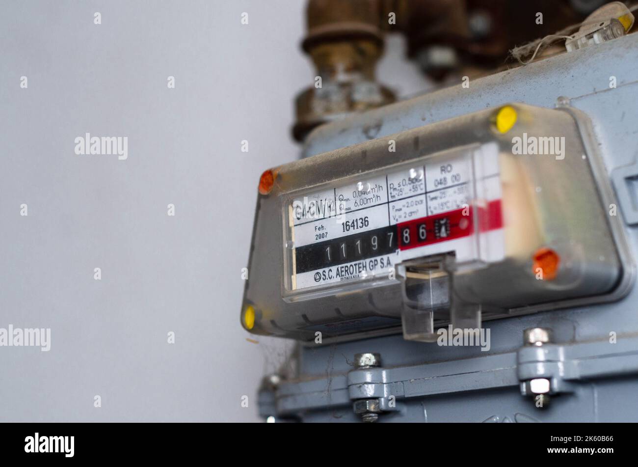 Analog screen of household natural gas meter. Utility bills