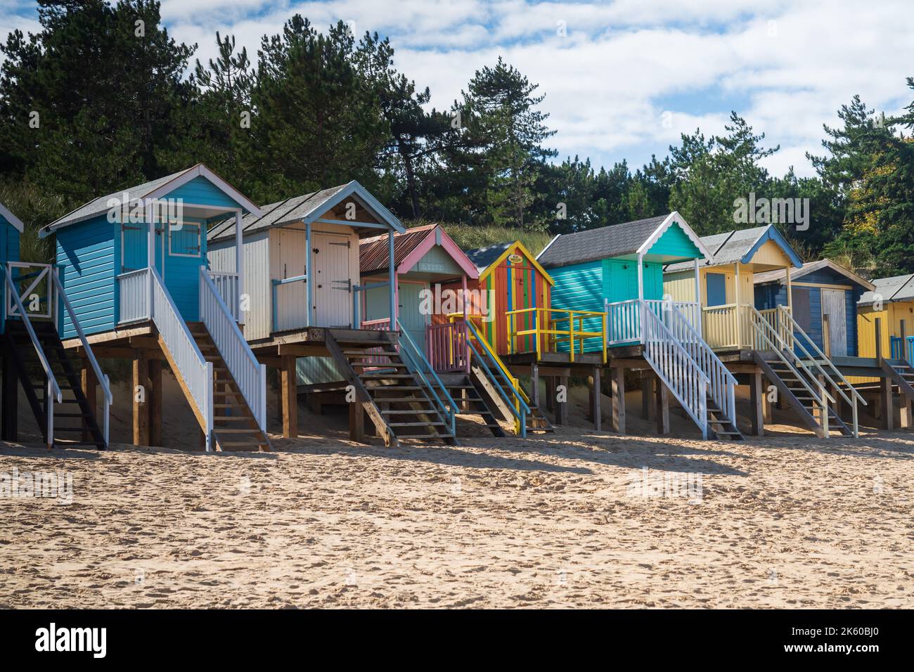 Colourful wooden Beach Huts on the beach in Wells Next The Sea in North