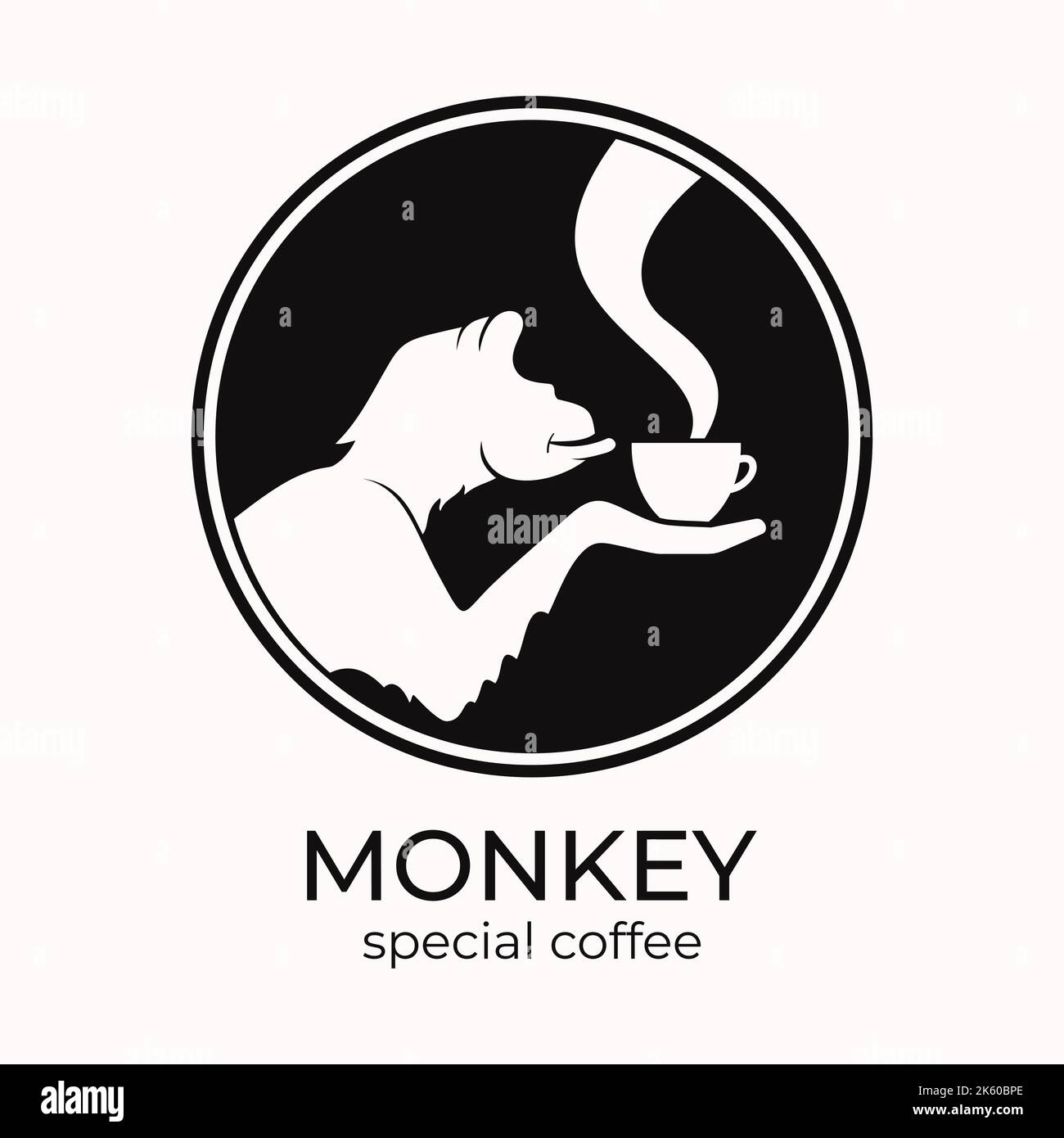Monkey with a cup of coffee or tea. Logo or badge for coffee shops and