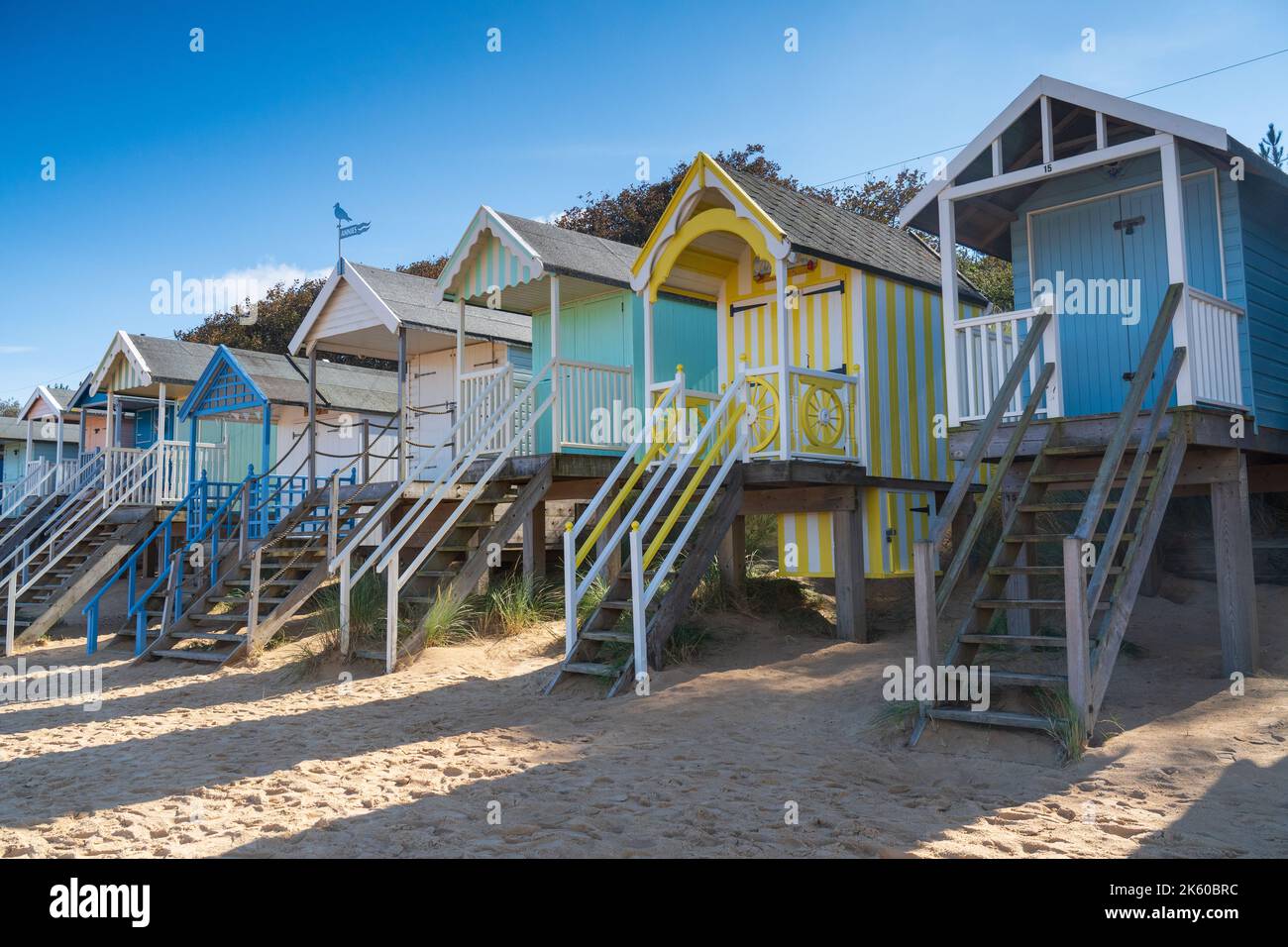 Colourful wooden Beach Huts on the beach in Wells Next The Sea in North
