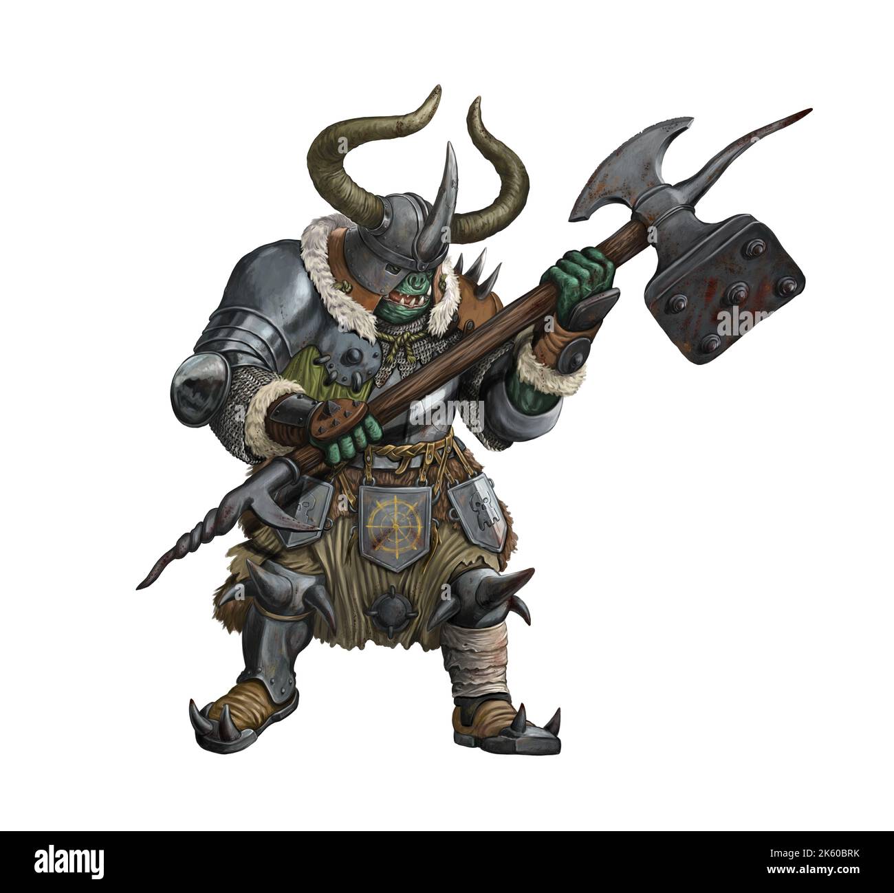 Fantasy creature - orc warrior attack. Fantasy illustration. Goblin with ax drawing. Stock Photo