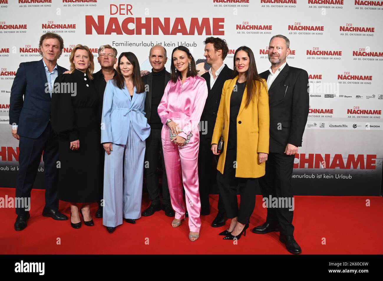Cologne, Germany. 09th Oct, 2022. Christoph Mueller, Caroline Peters, Justus von Dohnanyi, Iris Berben, Christoph Maria Herbst, Janina Uhse, Florian David Fitz, Elena Sancho Pereg and Tom Spiess, l-r, comes to the premiere of the film comedy Der Nachname at the Cinedom in Cologne. The film runs from 20.10. in theaters Credit: Horst Galuschka/dpa/Alamy Live News Stock Photo