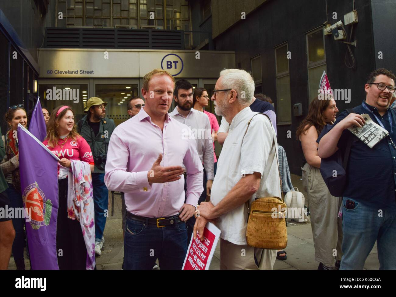 London, UK. 29th July 2022. Sacked Labour MP Sam Tarry and Labour MP Jeremy Corbyn join the CWU (Communication Workers Union) strike picket outside BT Tower. Thousands of BT and Openreach workers have staged walkouts over pay. Stock Photo