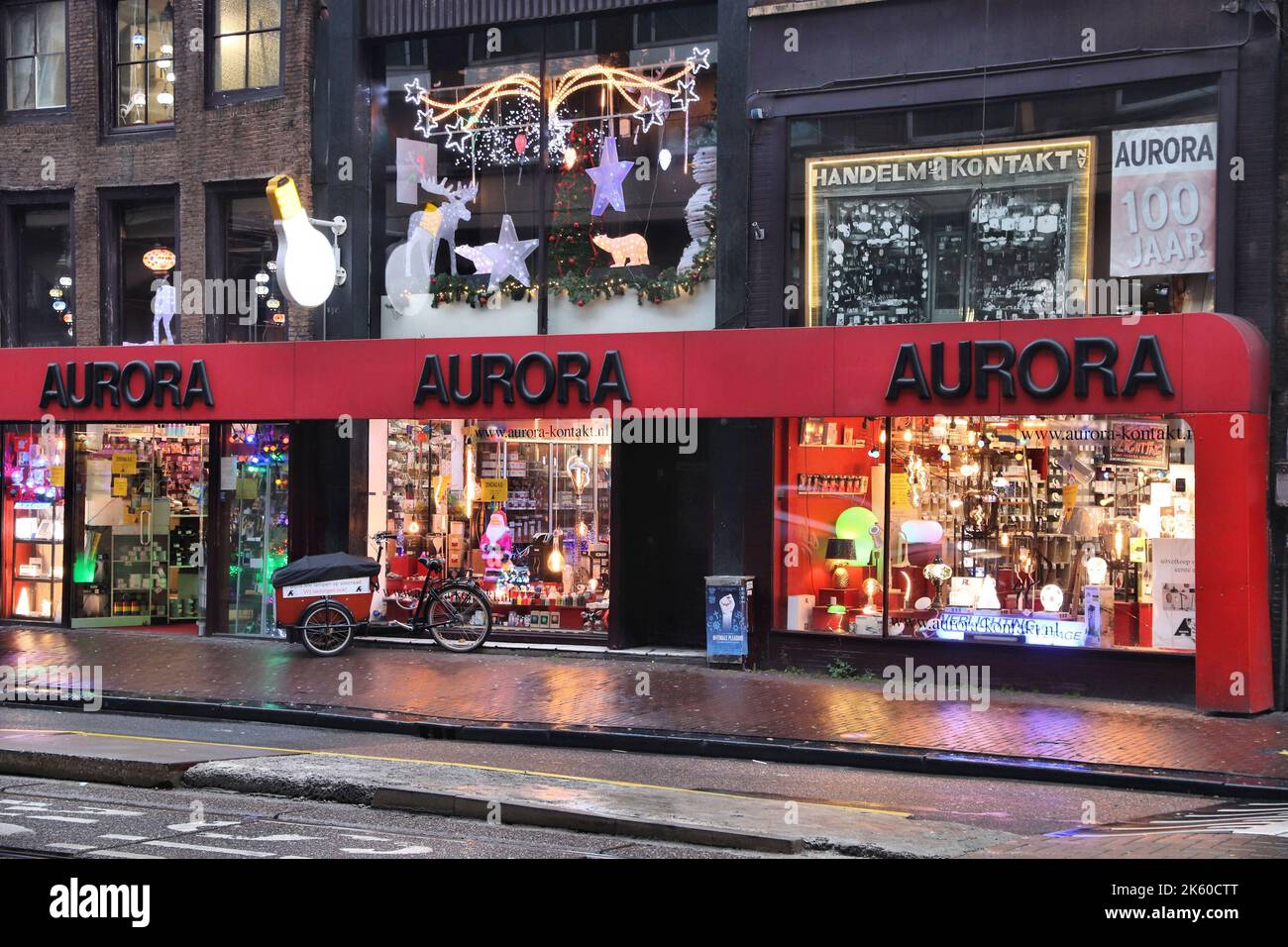 AMSTERDAM, NETHERLANDS - DECEMBER 6, 2018: Aurora lamp shop in Amsterdam, Netherlands. Aurora is a well known store in Amsterdam, over 100 years old. Stock Photo