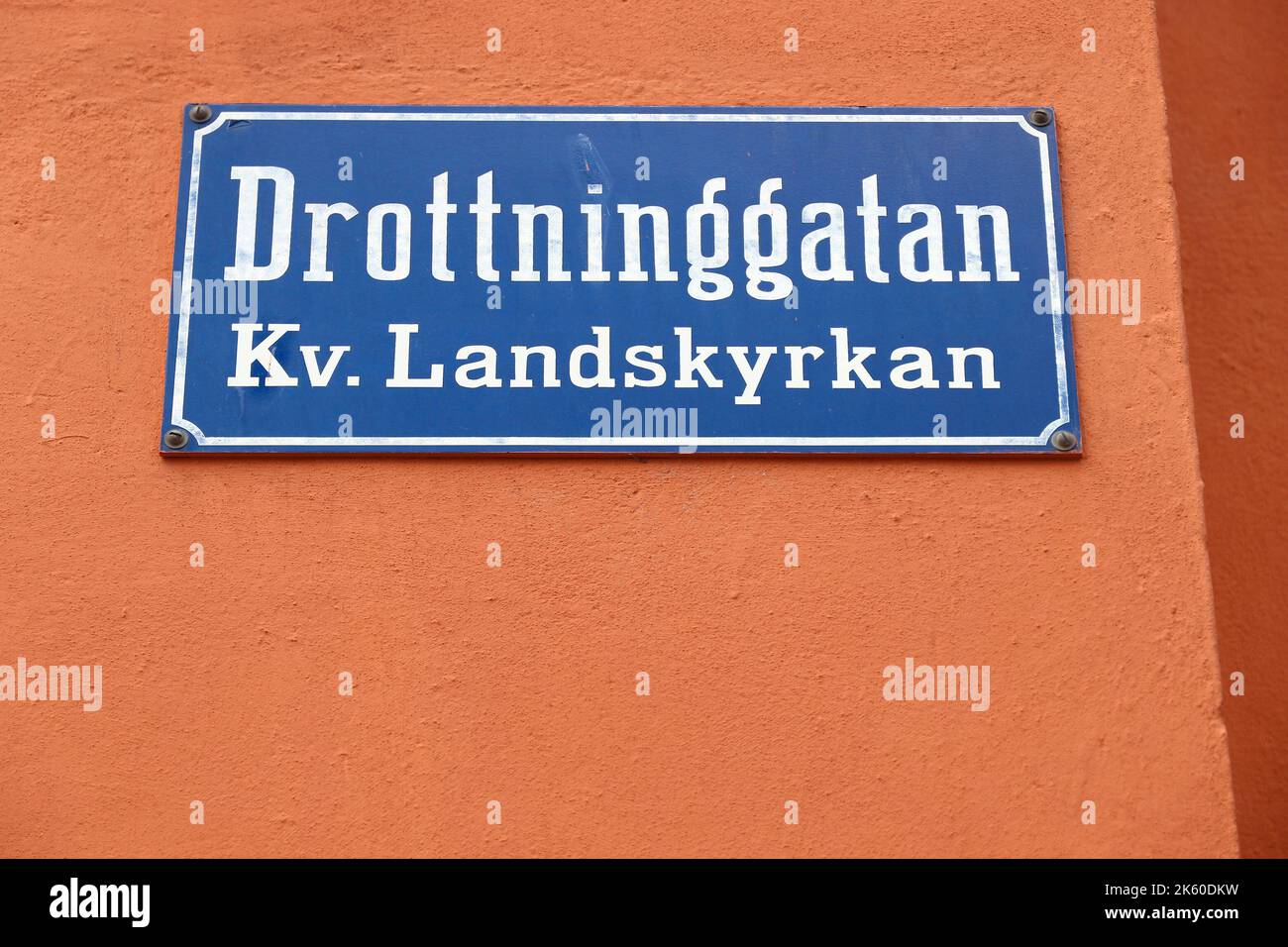 Norrkoping town in Sweden. Drottninggatan street name sign. Stock Photo