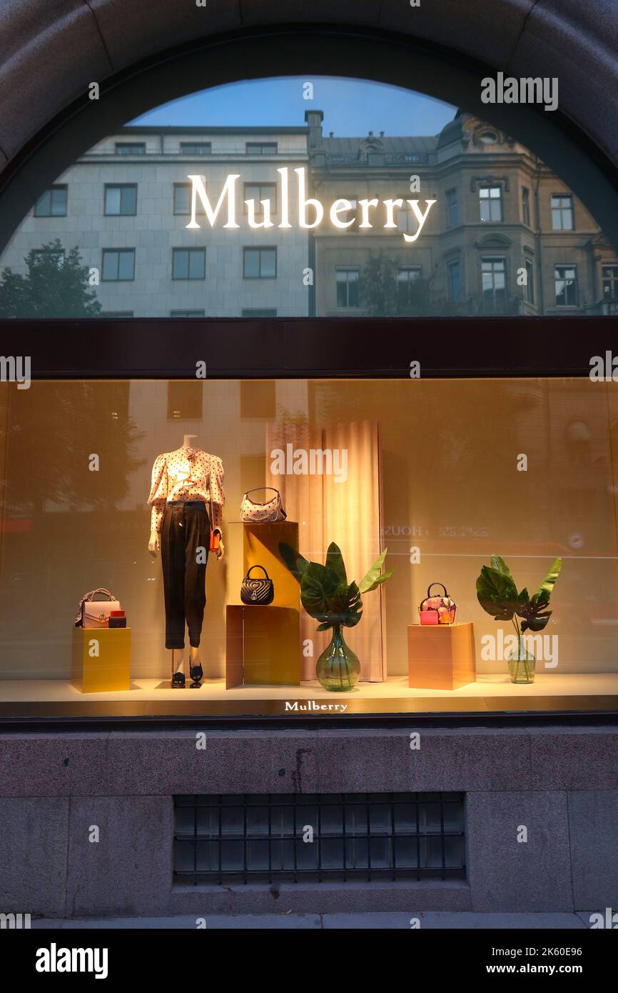 STOCKHOLM, SWEDEN - AUGUST 22, 2018: Mulberry fashion shop in Stockholm, Sweden. Mulberry is a British luxury goods brand. Stock Photo