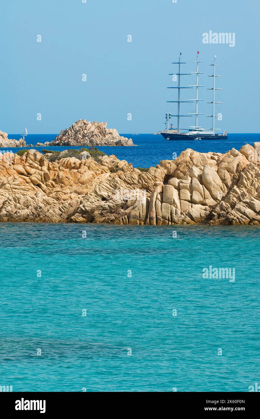 Falcon, Perini Yacht, Island of Budelli; La Maddalena Archipelago, Bocche di Bonifacio, Sardinia, Italy, Europe Stock Photo