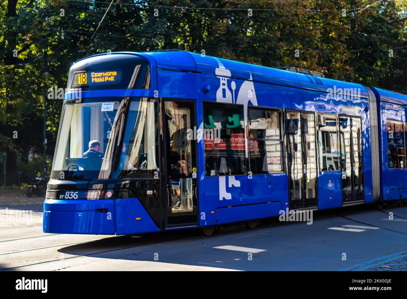 Krakow Poland October 08 2022 Modern Electric Tram Driving In The krakow-poland-october-08-2022-modern-electric-tram-driving-in-the