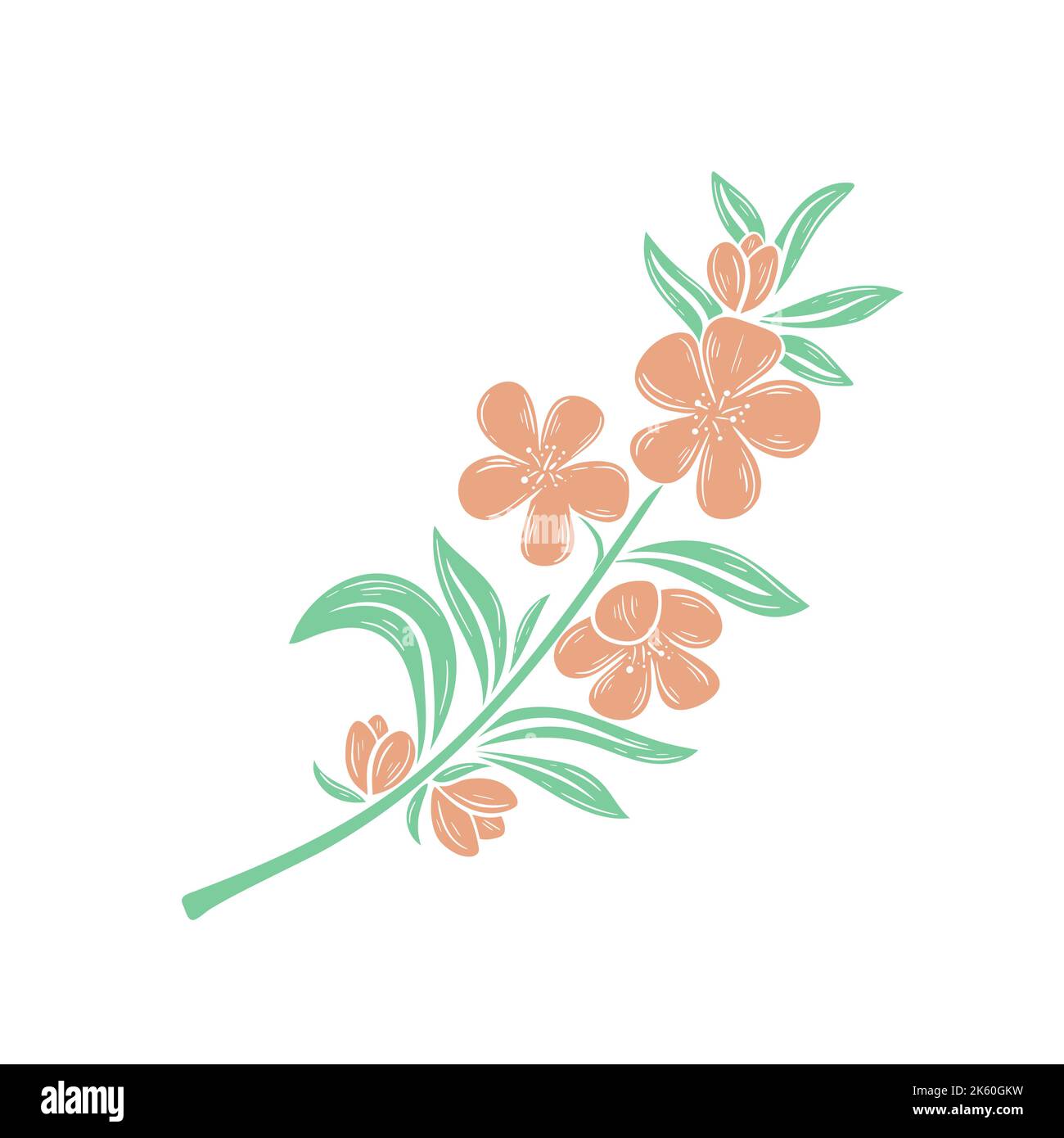 Flowering twig of apple or cherry tree. Delicate peach flowers and foliage branch. Natural decoration of apricot or almond blossom vector isolated Stock Vector